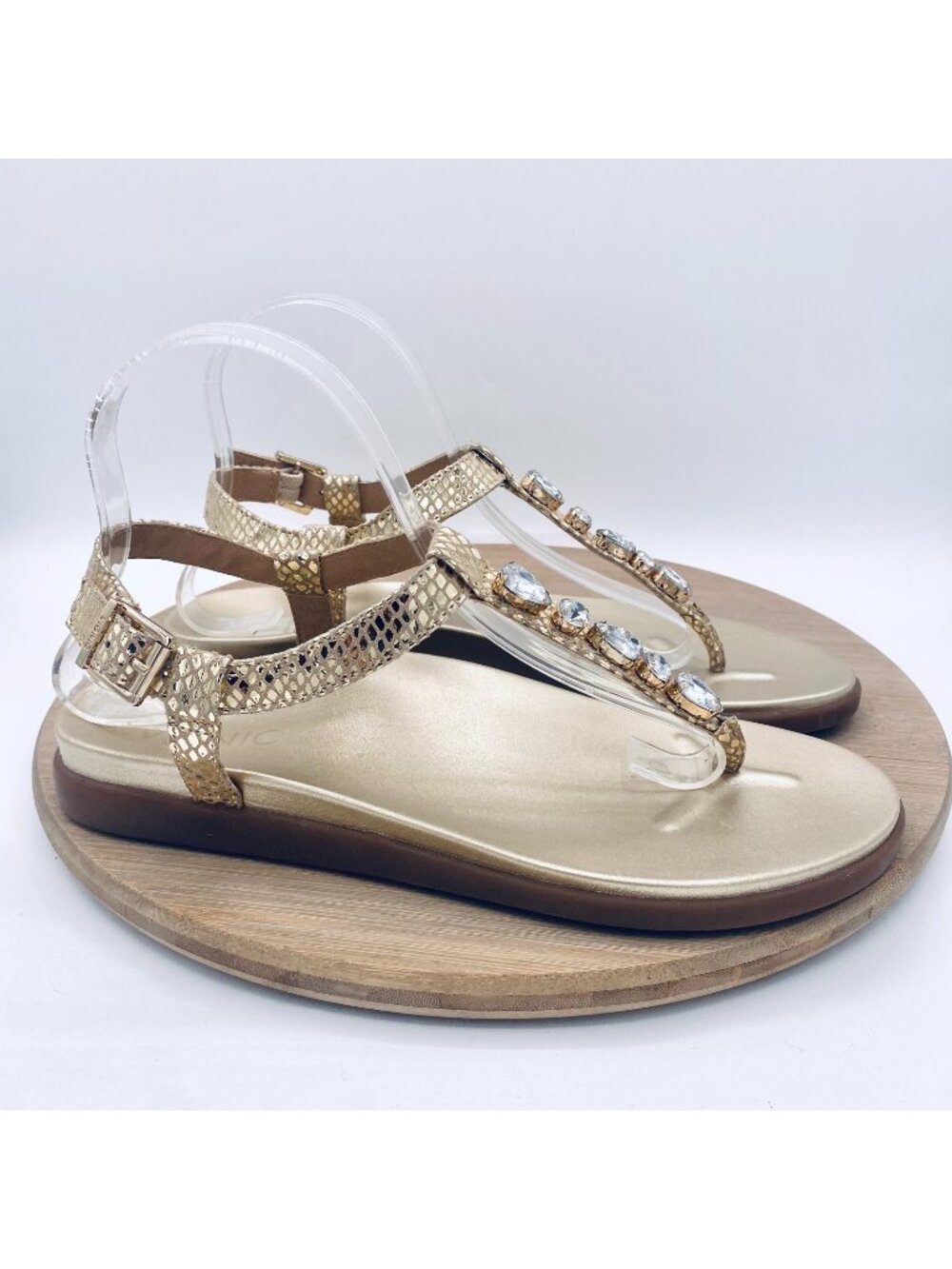 Vionic Sandals Womens 9 Gold Leather Slingback Palm Comfort Flats Rhinestone